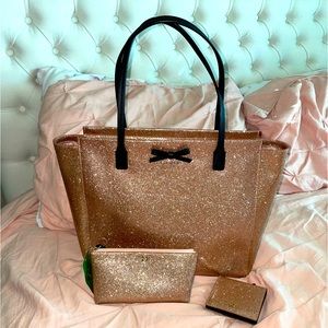 Kate Spade Rose Gold glitter Tote, Cardholder, and Pouch